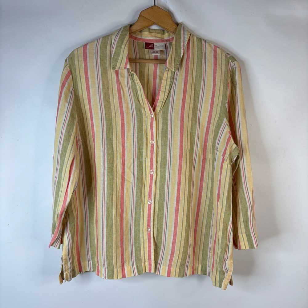 JM Collection Button Down Shirt Womens 18 Yellow Striped 100% Linen 3/4 Sleeve